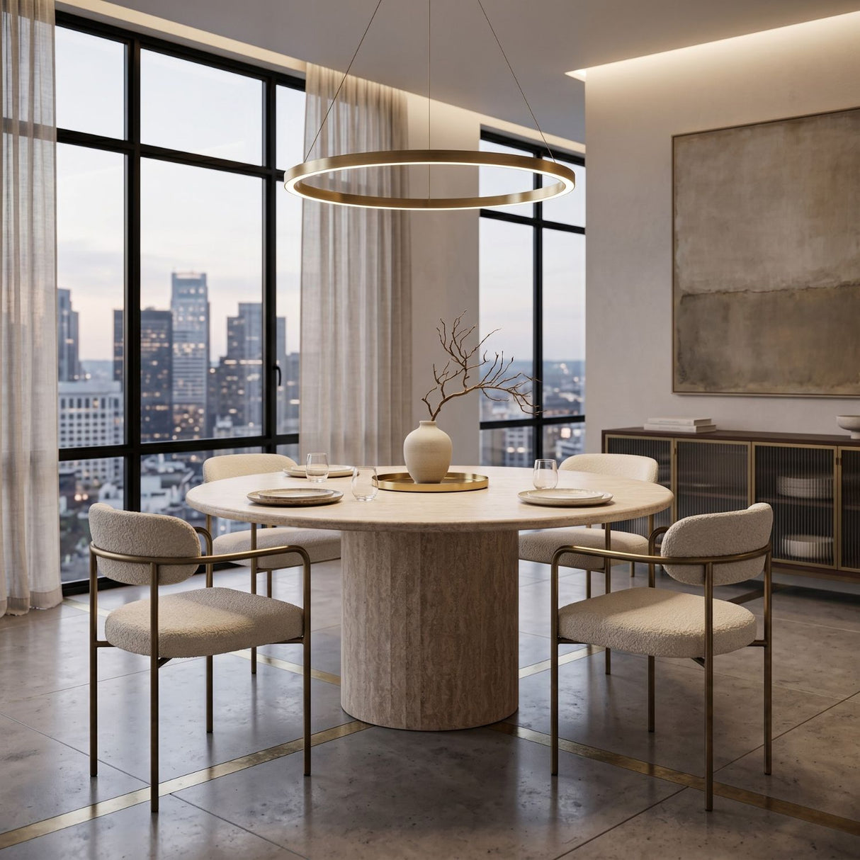 Beige Travertine Round Dining Table | Oroa.com
