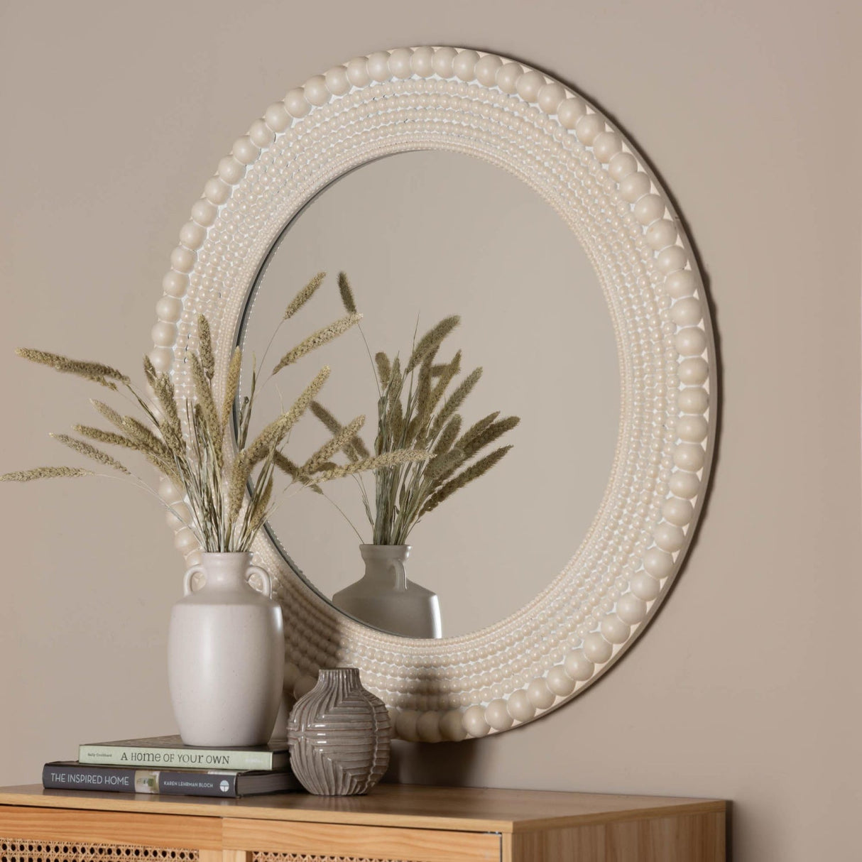 Modern European furniture - Round White Beaded Accent Mirror - www.oroa.com