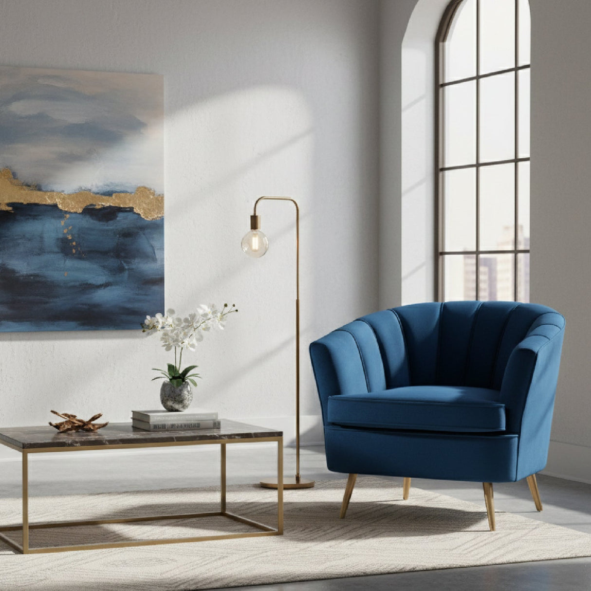 Modern European furniture - Channeled Blue Velvet Accent Chair - www.oroa.com