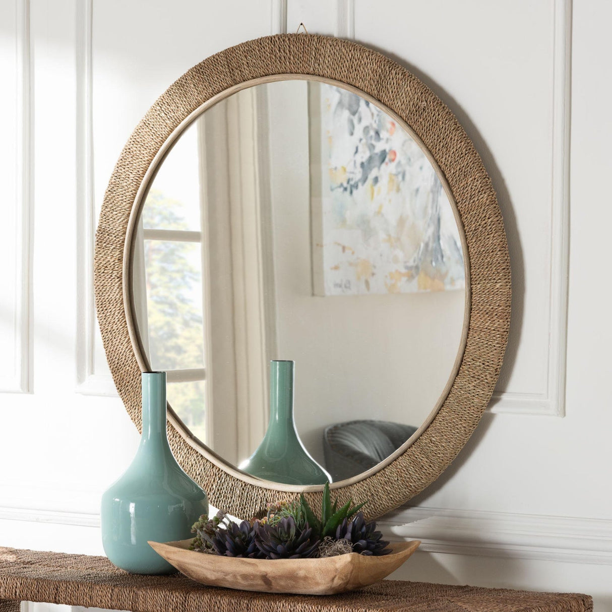 Modern European furniture - Woven Seagrass Round Wall Mirror - www.oroa.com
