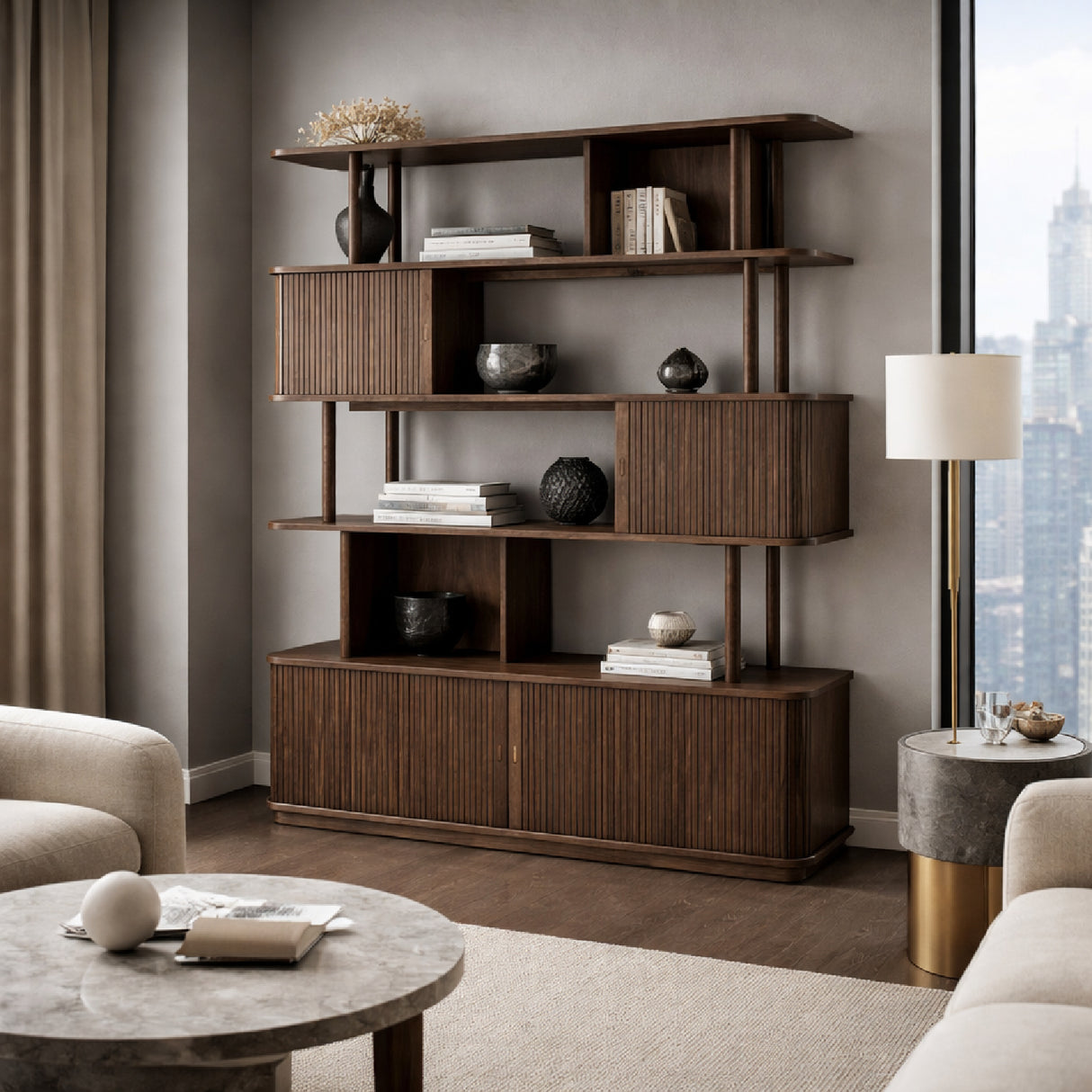 Modern European furniture - Wooden Sliding Door 5-Layer Bookcase - www.oroa.com | Oroa.com