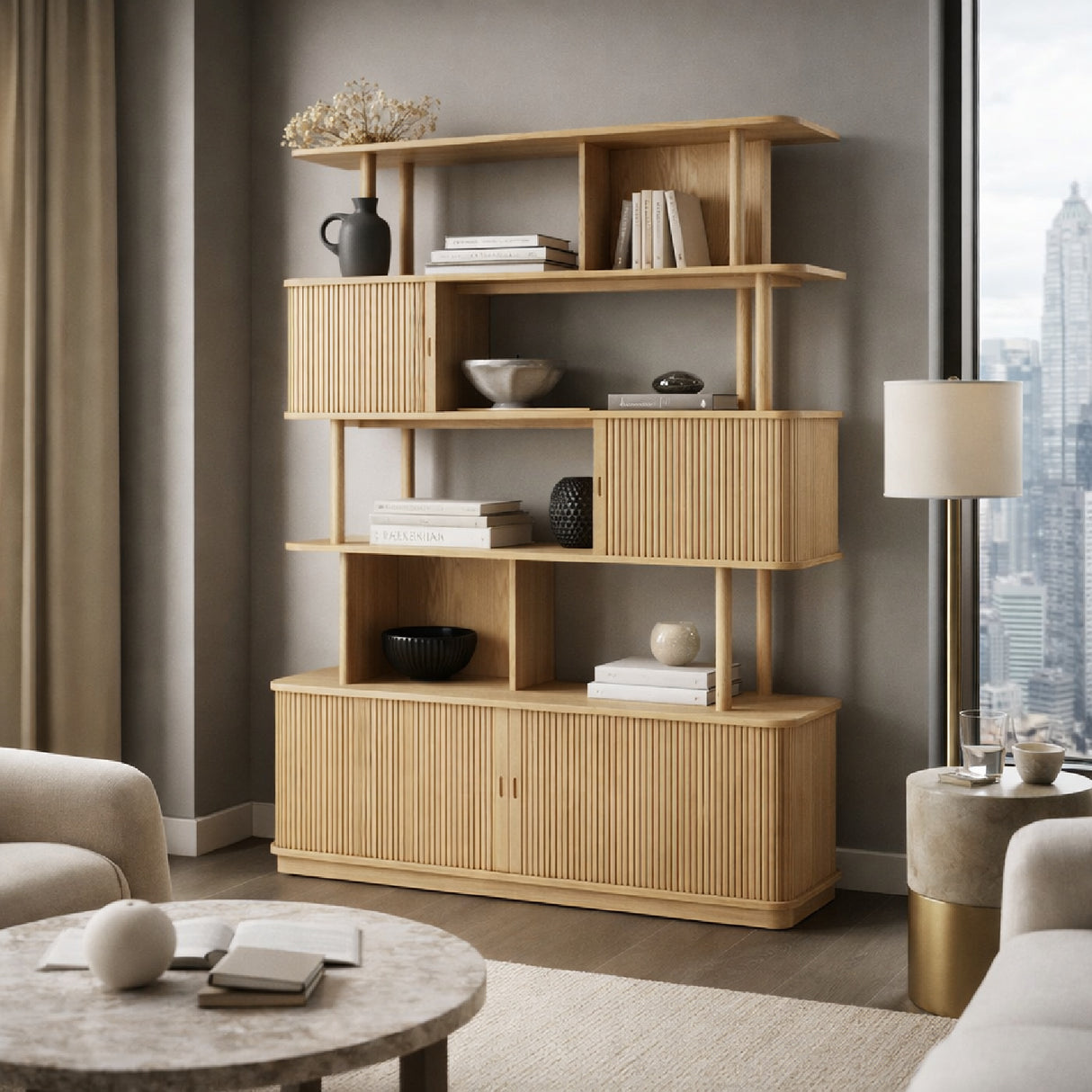 Modern European furniture - Wooden Sliding Door 5-Layer Bookcase - www.oroa.com | Oroa.com