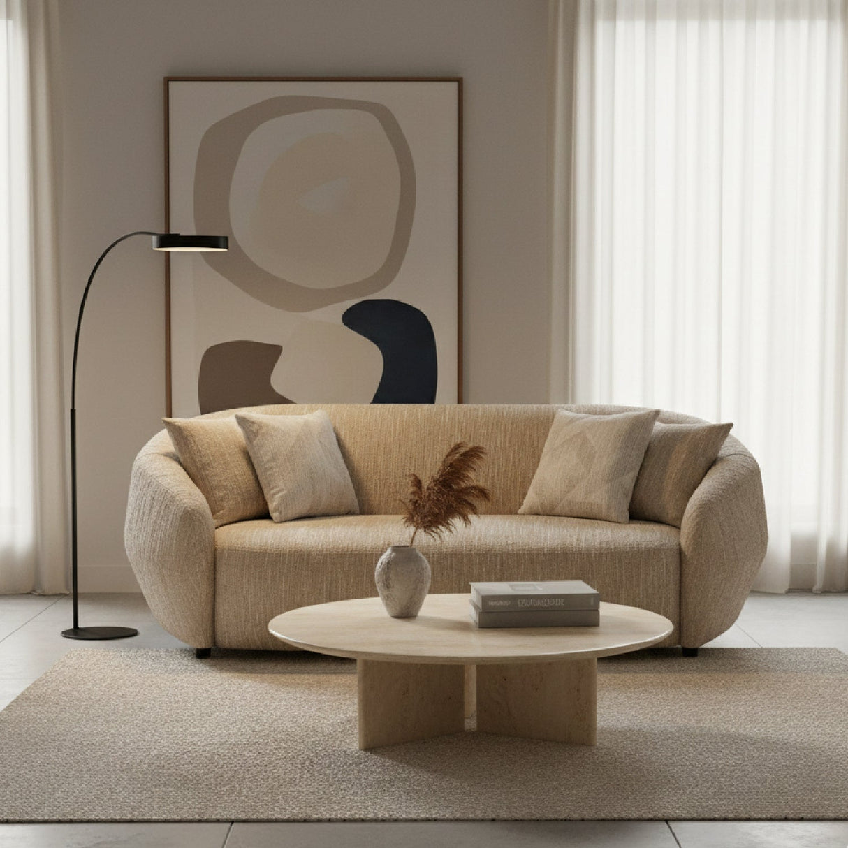 3 Seater Beige Fabric Sofa | OROA Modern Belinda | Oroa.com