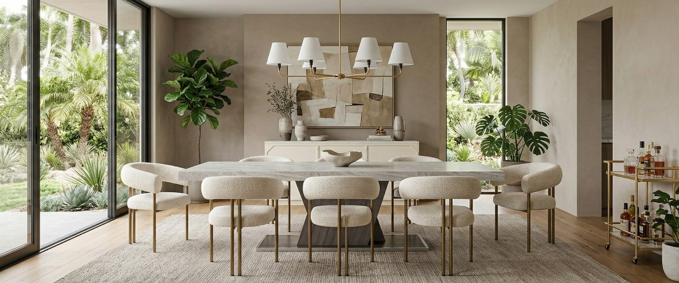 Classic contemporary dining room with a designer table, dining chairs and modern decor, only at OROA. | Oroa.com