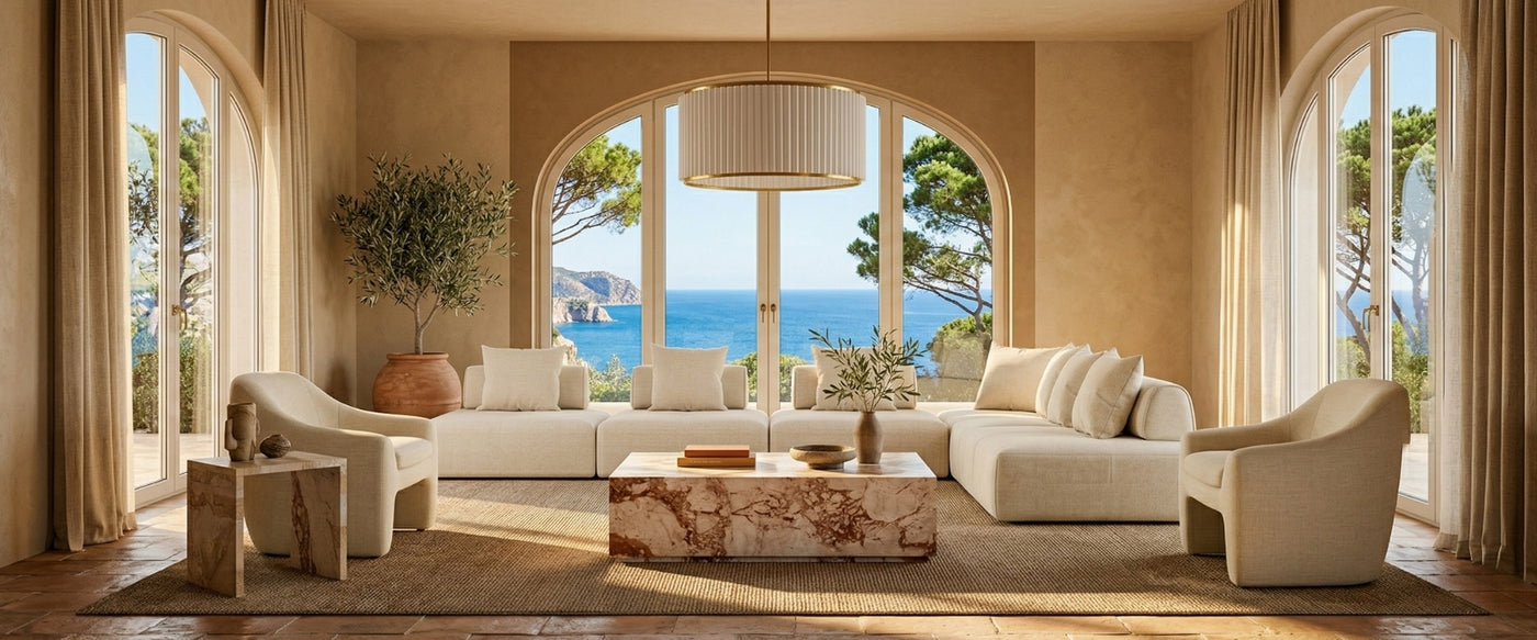   French Riviera modern living room with a view of the ocean, designed by OROA. | Oroa.com