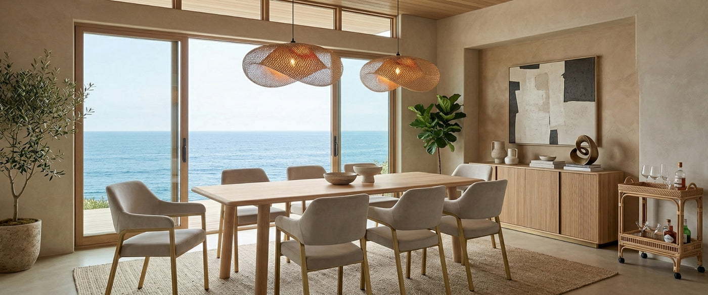   Designed with Japandi influence, this OROA dining room pairs clean-lined seating, wood finishes, and a composed, minimalist look. | Oroa.com