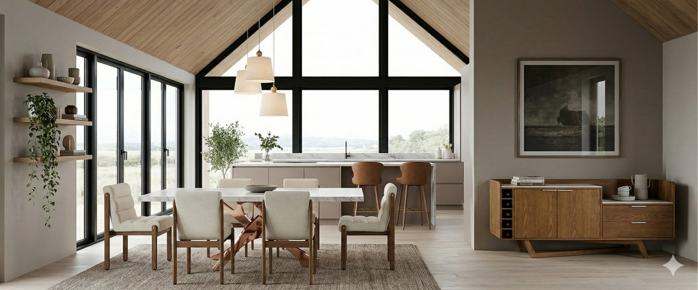   Scandinavian dining room by OROA with a minimalist table, clean-profile seating, and light wood tones in a bright, composed space. | Oroa.com