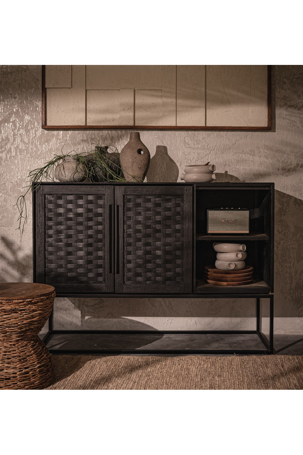Black Woven Rattan 2-Door High Dresser | dBodhi Karma | OROA.com