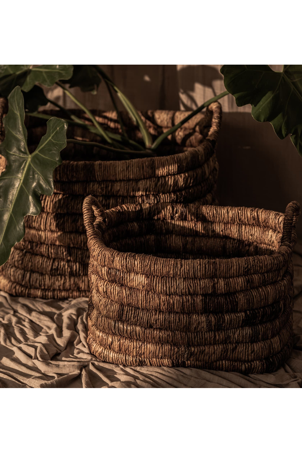Rectangular Abaca Basket With Handle Set (2) | dBodhi Caterpillar Sago | OROA.com