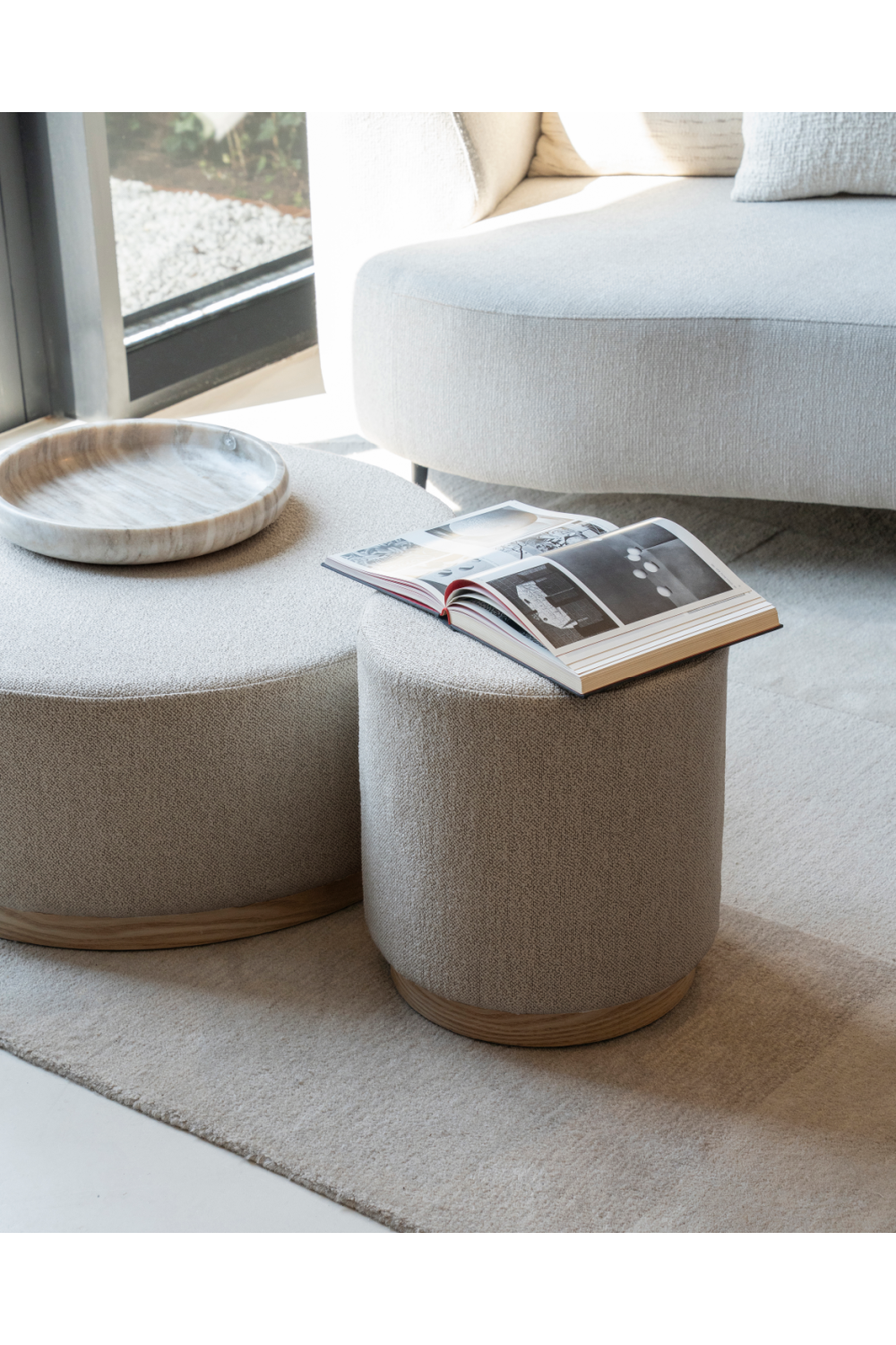 Cylindrical Taupe Fabric Ottoman | Eleonora Avah | OROA.com