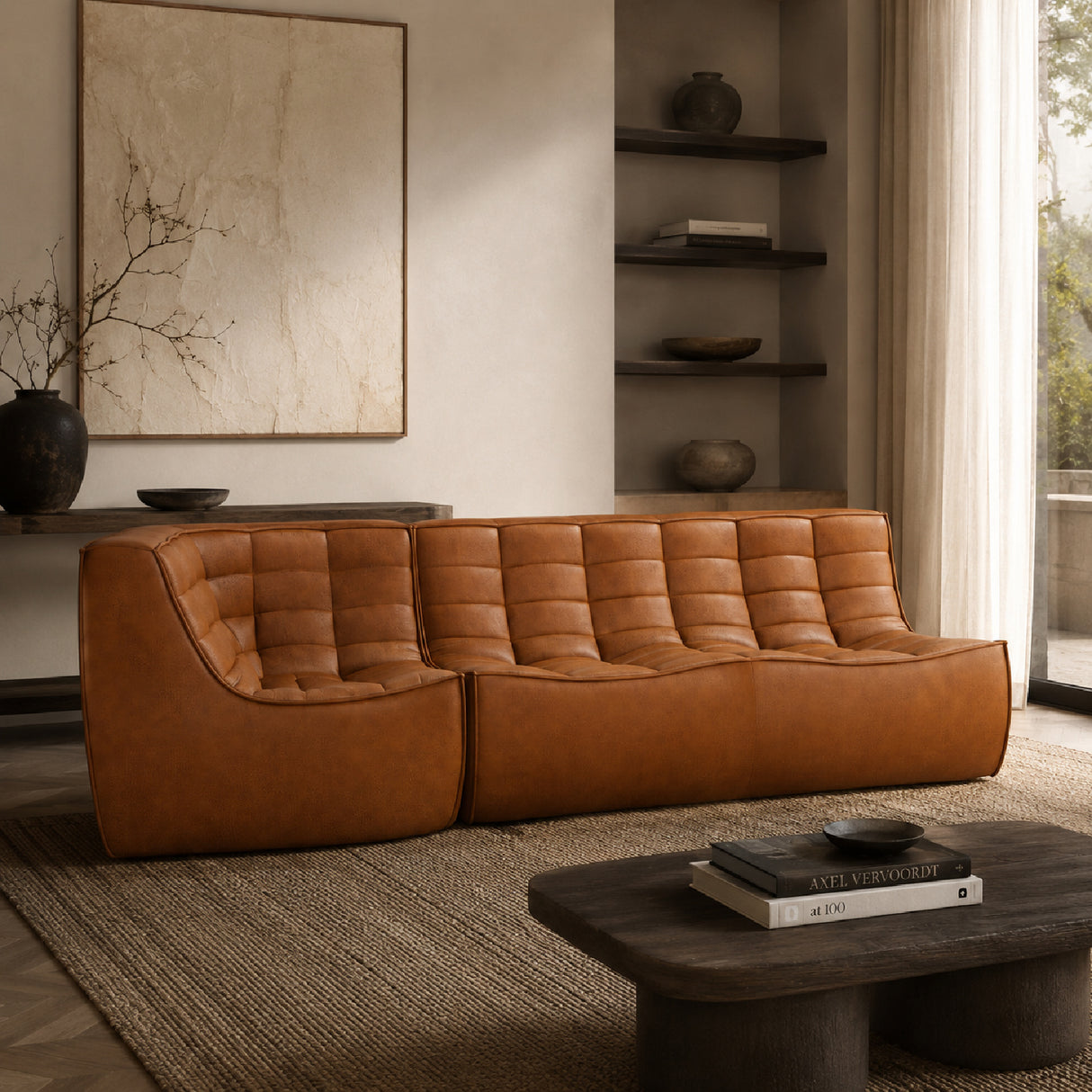   Brown Leather 2-Seater Modular Sofa | Oroa.com