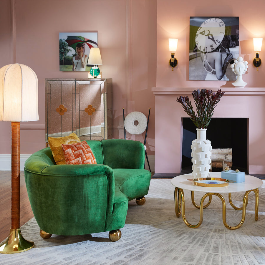 Brass Orb Feet Curved Sofa | Jonathan Adler Parker | Oroa.com