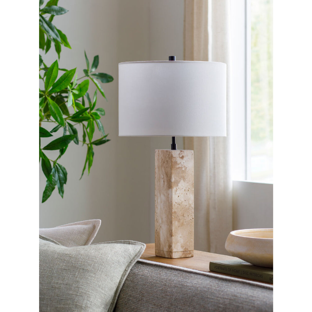   Travertine Cream Linen Table Lamp | Oroa.com