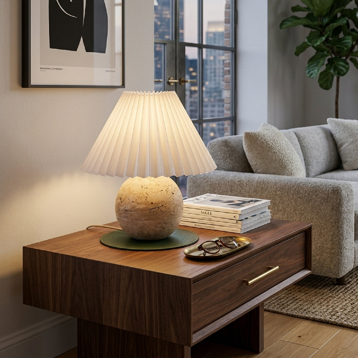   Pleated Linen Travertine Table Lamp | Oroa.com