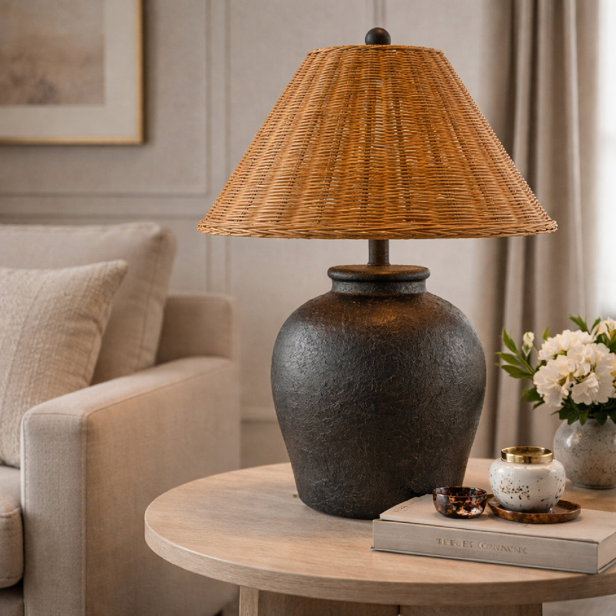   Modern European furniture - Brown Rattan Ceramic Table Lamp - www.oroa.com | Oroa.com