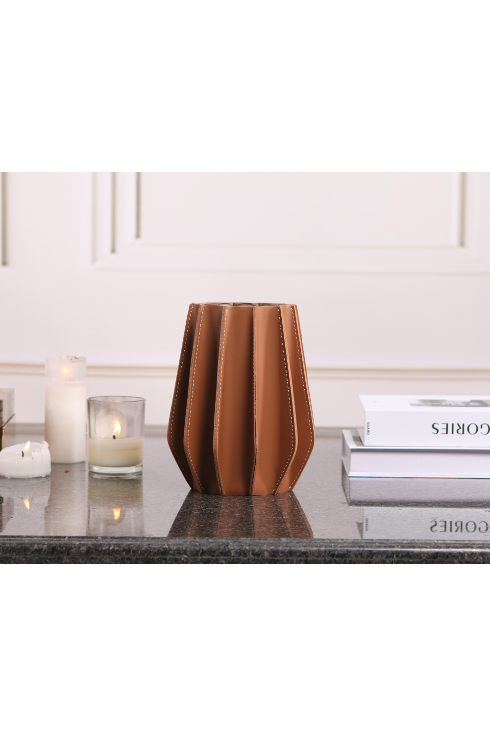 Brown Leather Fluted Vase | Liang & Eimil Juana | Oroa.com