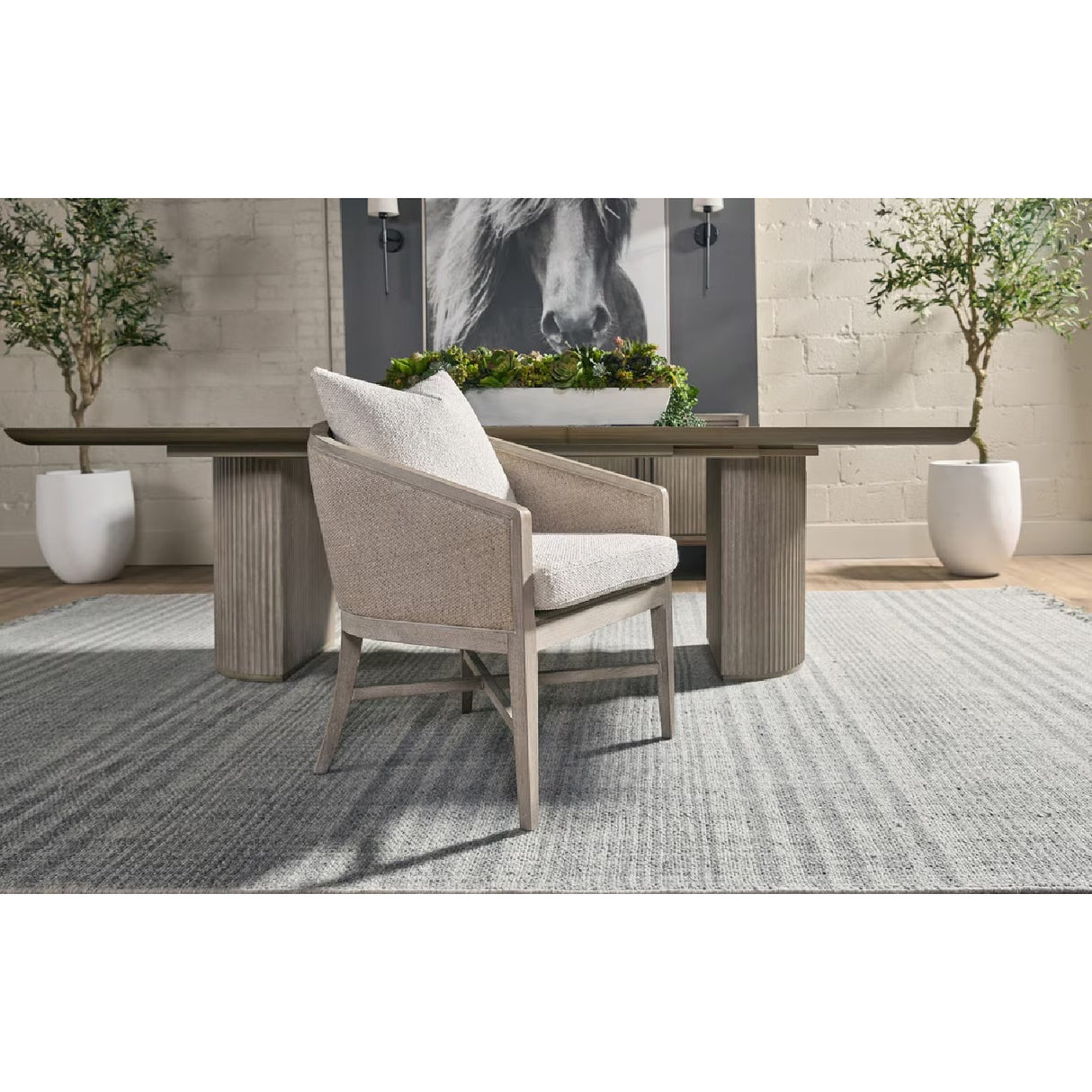   Curved Oak Linen Lounge Chair | Oroa.com