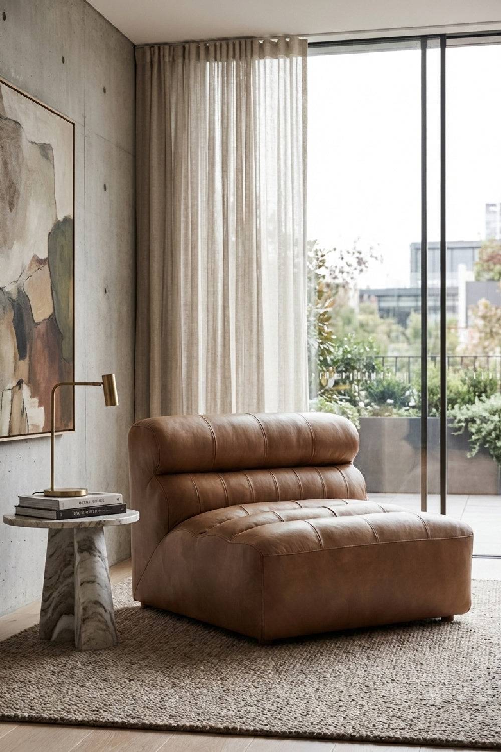 Modern European furniture - Ribbed Tan Leather Slipper Chair - www.oroa.com