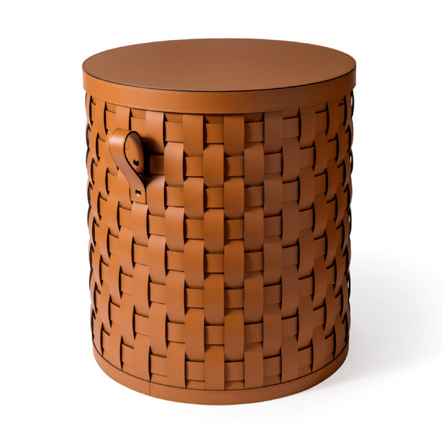 Lidded Woven Leather Short Basket | Pinetti Demetra | OROA.com