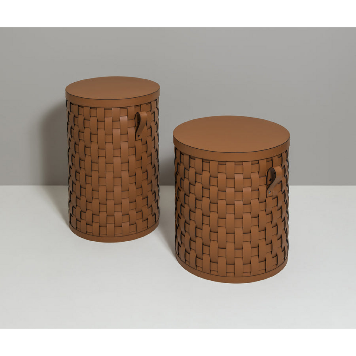 Lidded Woven Leather Short Basket | Pinetti Demetra | OROA.com