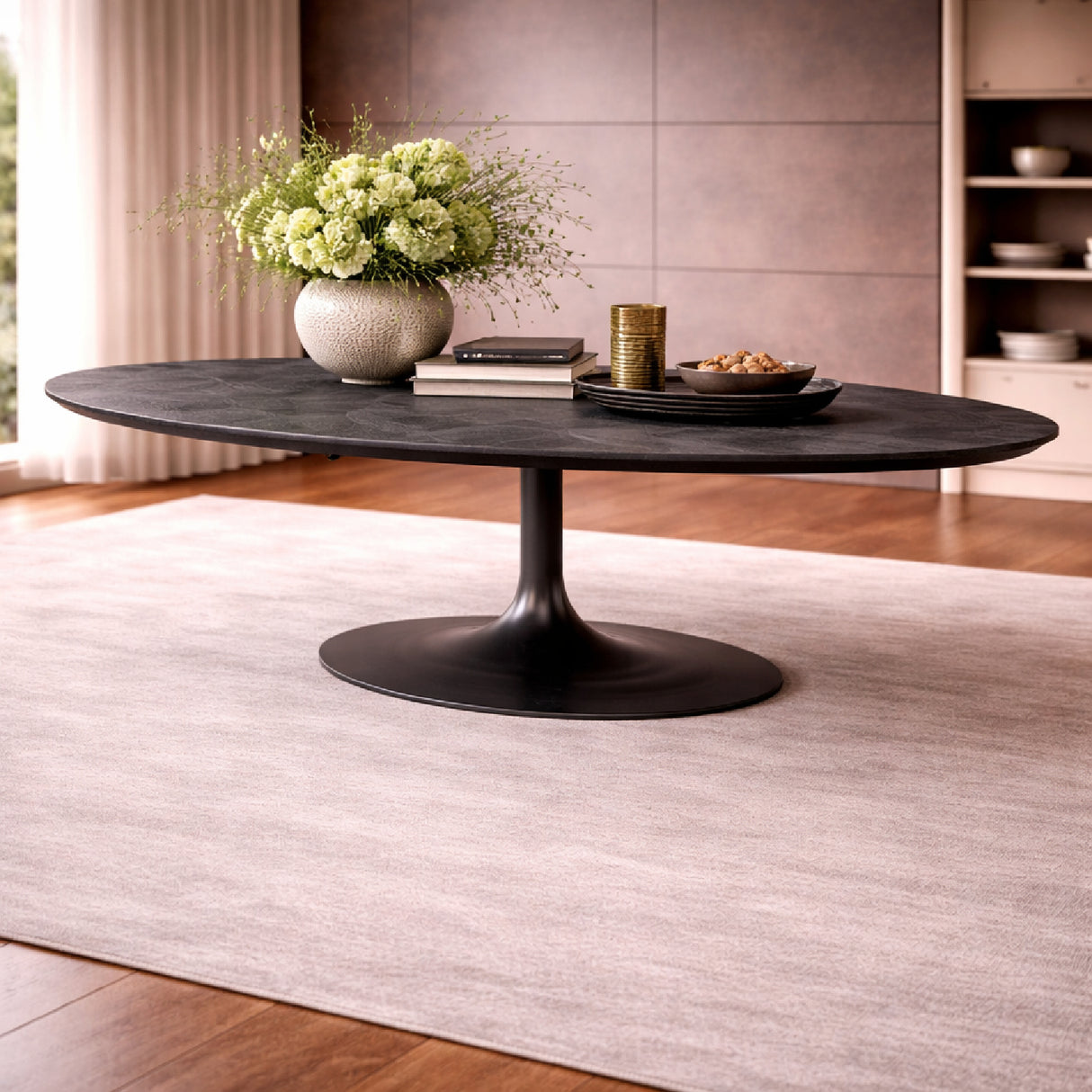   Oval Black Oak Pedestal Dining Table | Oroa.com