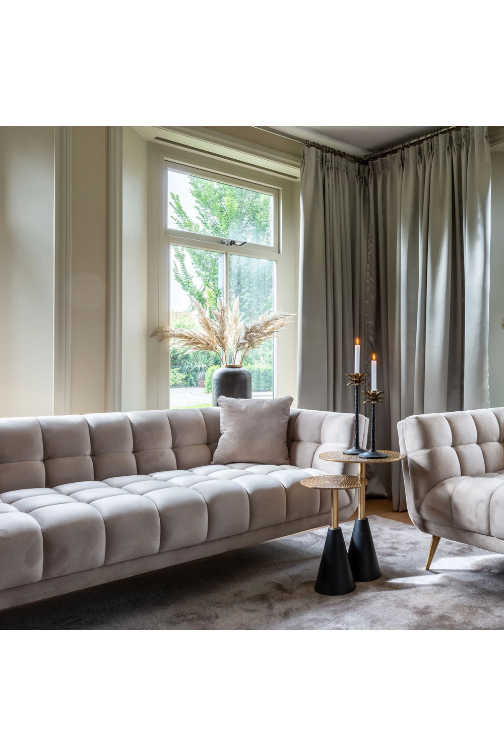 Khaki Velvet Channel Stitched Sofa | OROA Huxley | OROA.com