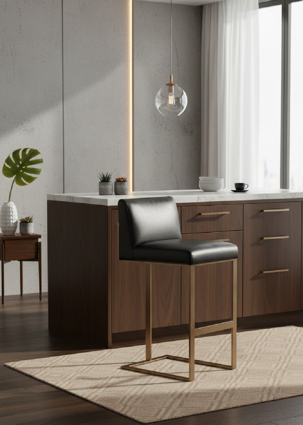 Modern European furniture - Black Leather Cantilevered Bar Stool  - www.oroa.com