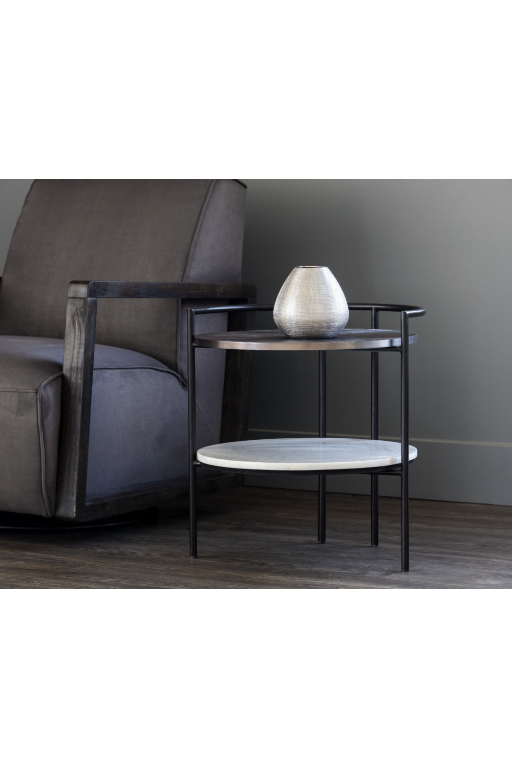 Modern European furniture - Round Gunmetal & Marble Nightstand - www.oroa.com