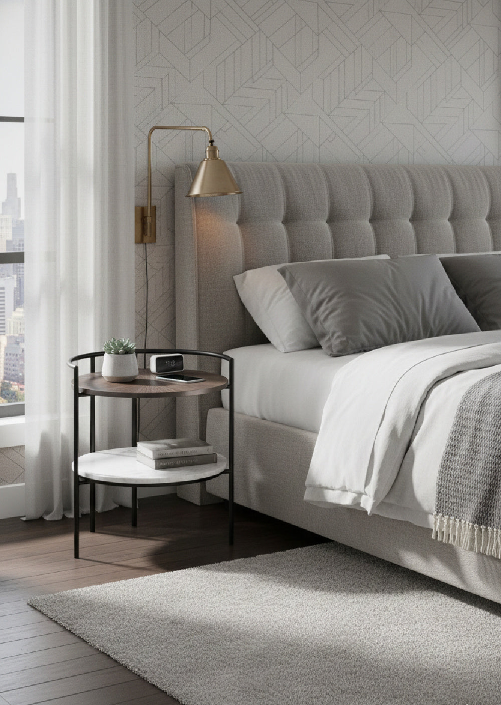 Modern European furniture - Round Gunmetal & Marble Nightstand - www.oroa.com