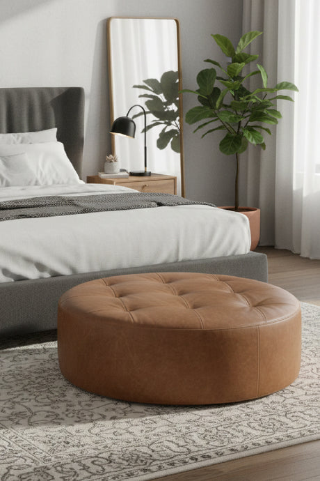 Modern European furniture - Brown Leather Round Ottoman - www.oroa.com