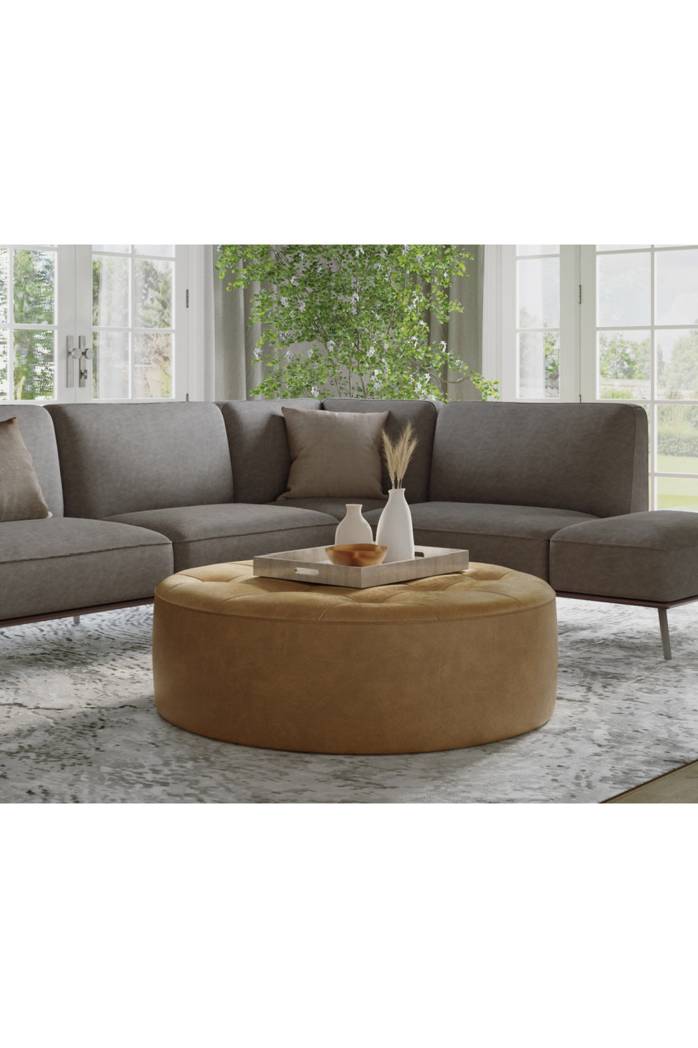 Modern European furniture - Brown Leather Round Ottoman - www.oroa.com