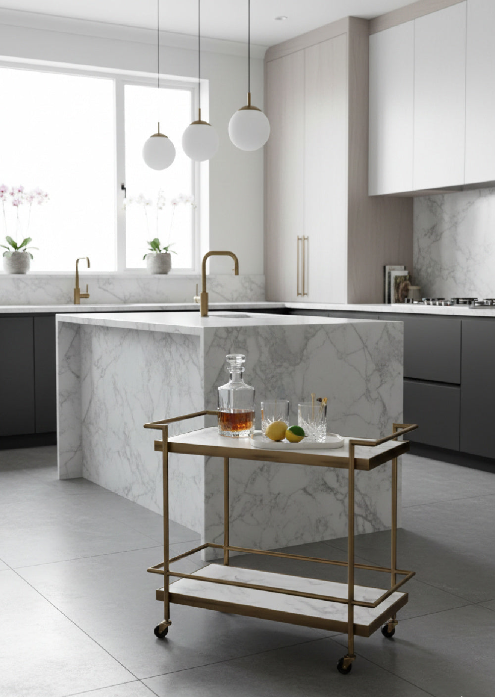 Modern European furniture - White Marble Look Bar Cart - www.oroa.com