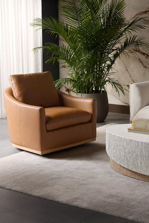 Modern European furniture - Brown Leather Swivel Lounge Chair - Ash Wood Base - www.oroa.com