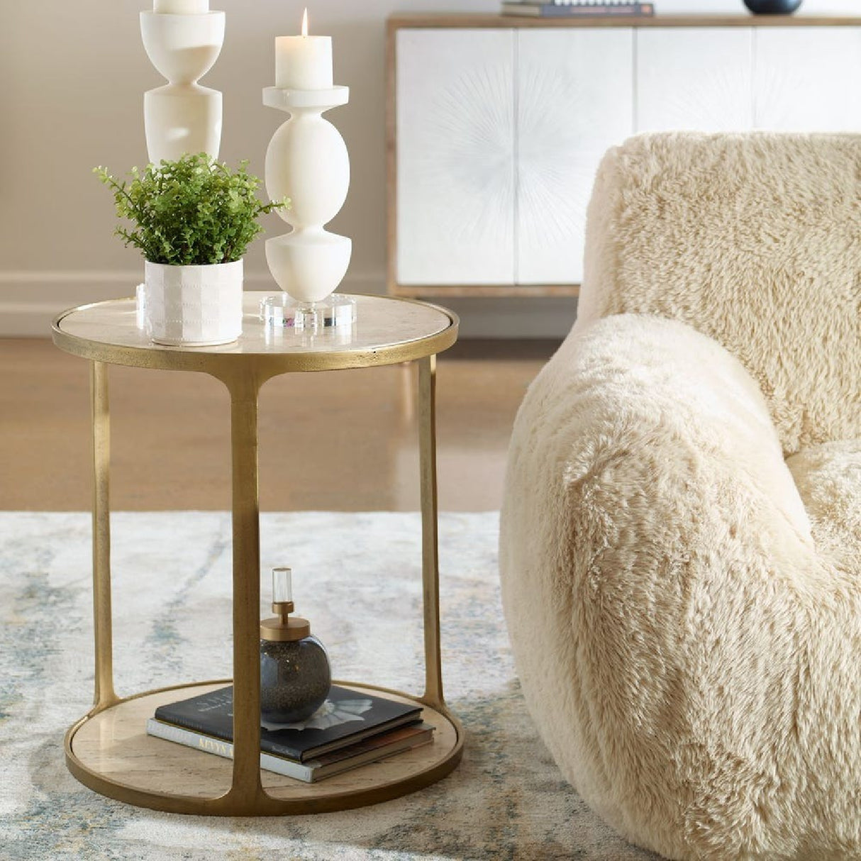   Beige Travertine Side Table | Oroa.com