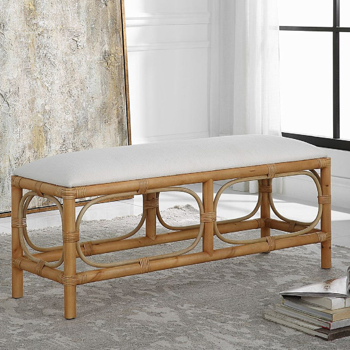   Rattan Base White Fabric Bench | Oroa.com