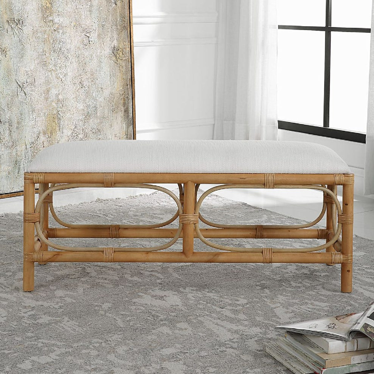   Rattan Base White Fabric Bench | Oroa.com