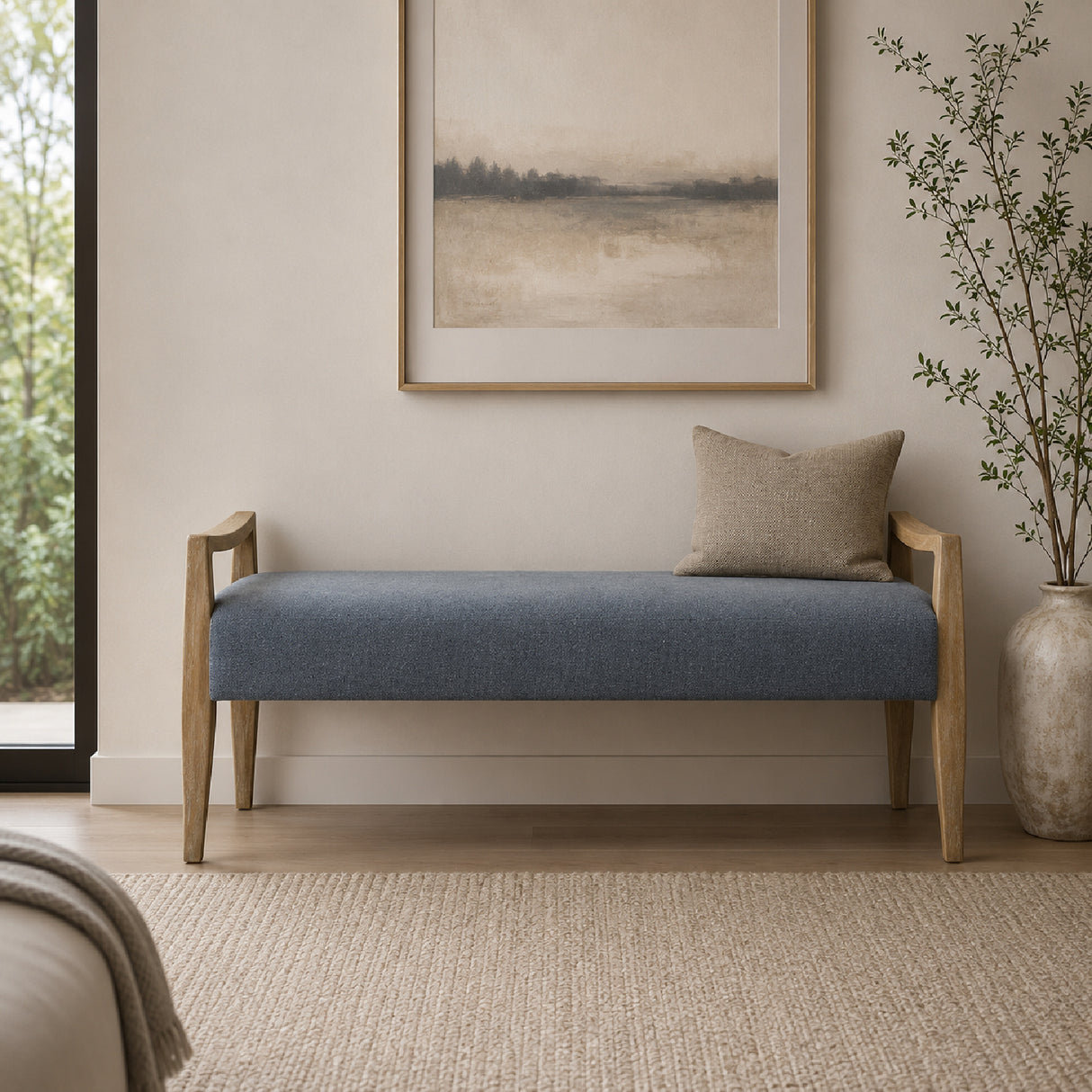   Wood Framed Blue Fabric Bench | Oroa.com