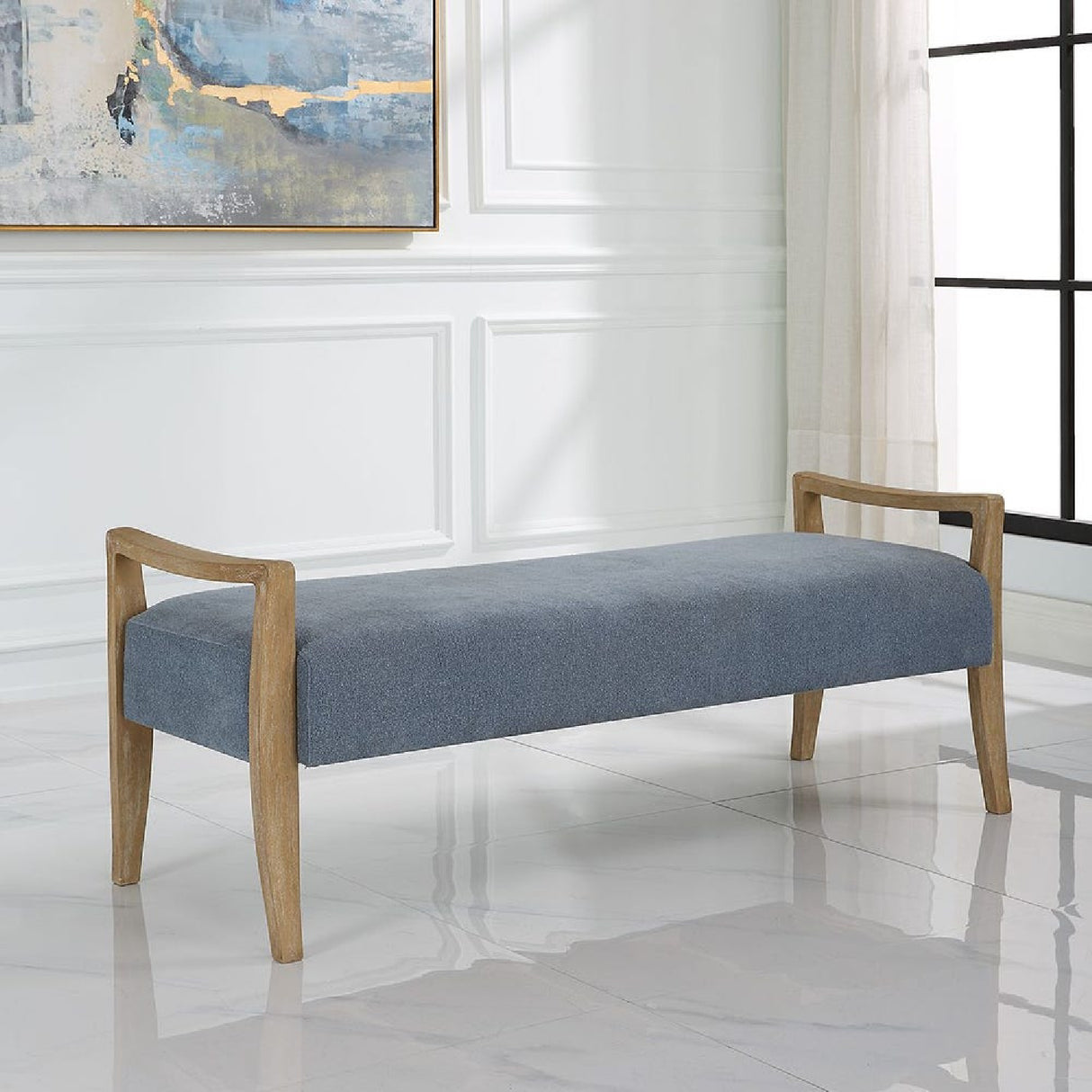   Wood Framed Blue Fabric Bench | Oroa.com