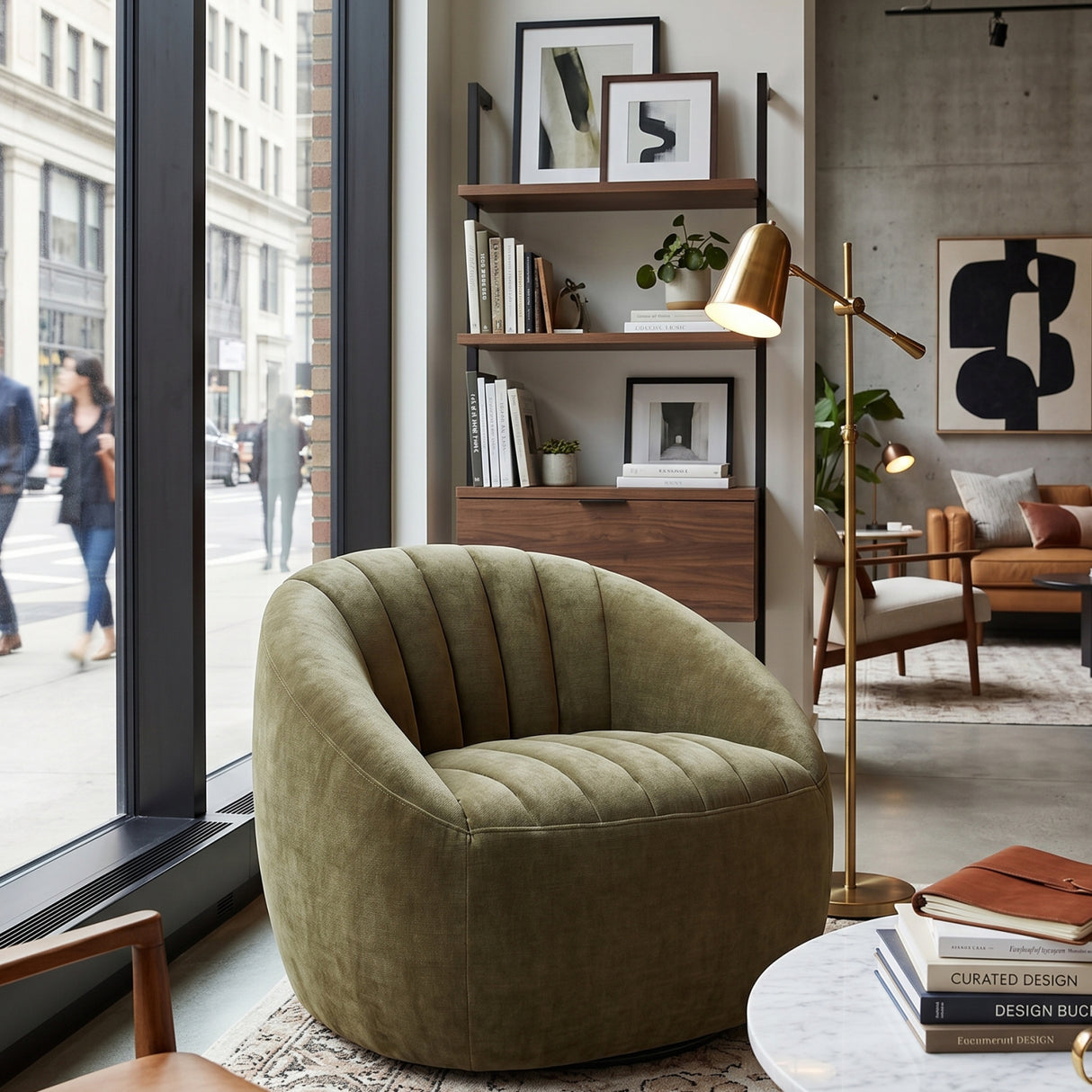   Green Chambray Channeled Swivel Chair | Oroa.com