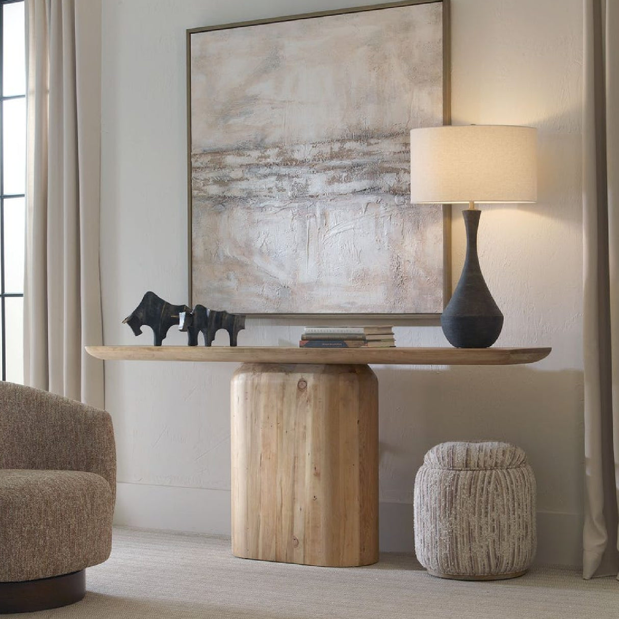   Tan Slubbed Boucle Storage Ottoman | Oroa.com