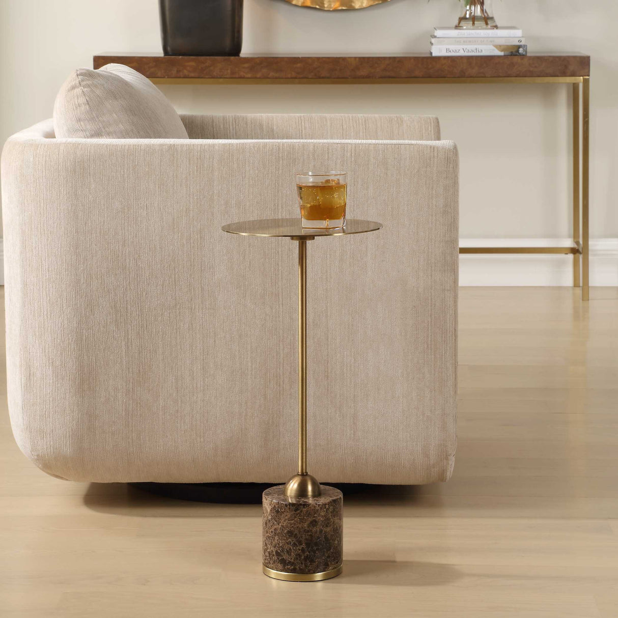   Brushed Brass Pedestal Drink Table | Oroa.com
