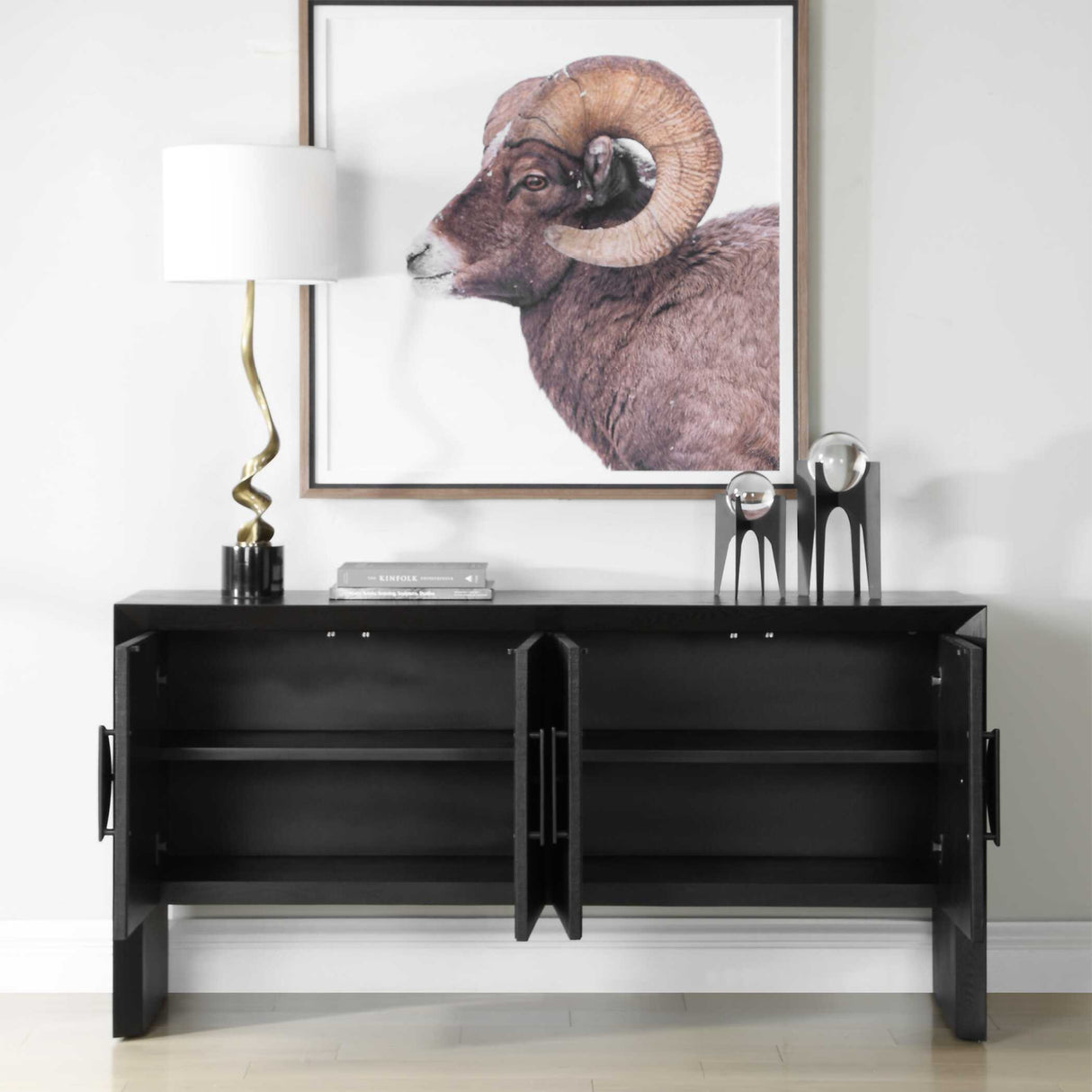   Black Grasscloth 4-Door Cabinet | Oroa.com