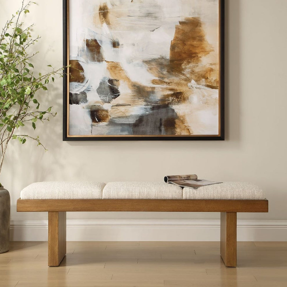   Wood Framed White Boucle Bench | Oroa.com
