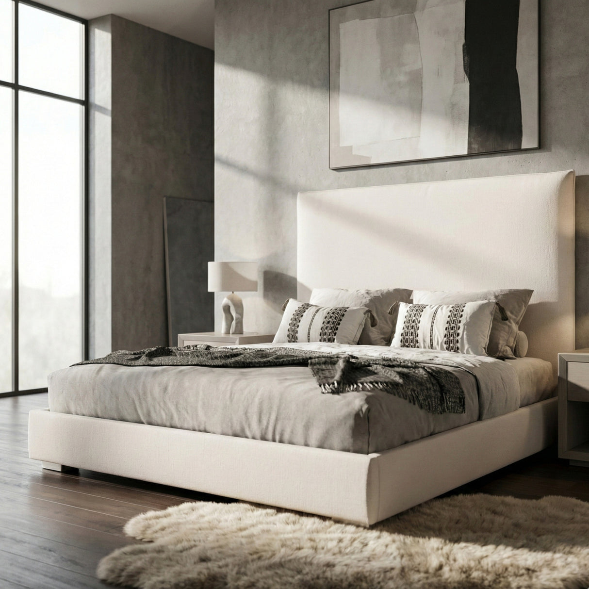   Beige High-Headboard Queen Bed | Oroa.com