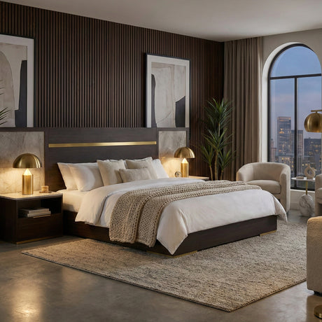 Velondra - Modern Eucalypto + Marble Bed with Two Nightstands | Oroa.com