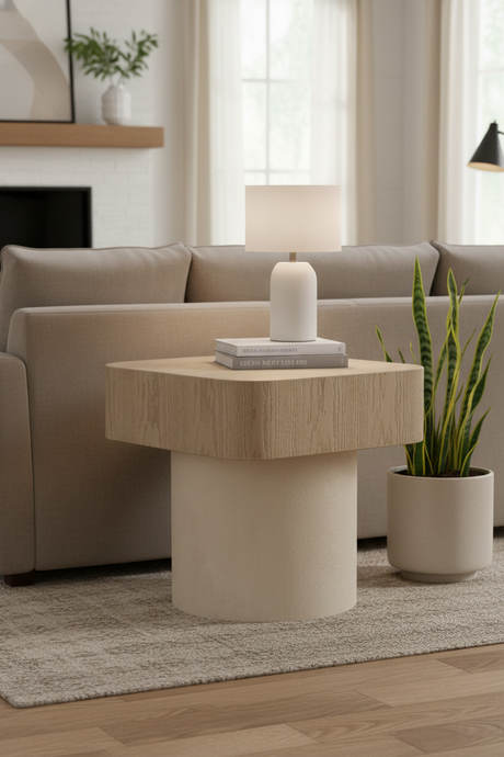 Modern living room with a hexagonal side table, lamp, and plant.