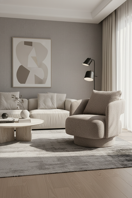 Modern living room with a beige sofa, armchair, and abstract art on the wall.