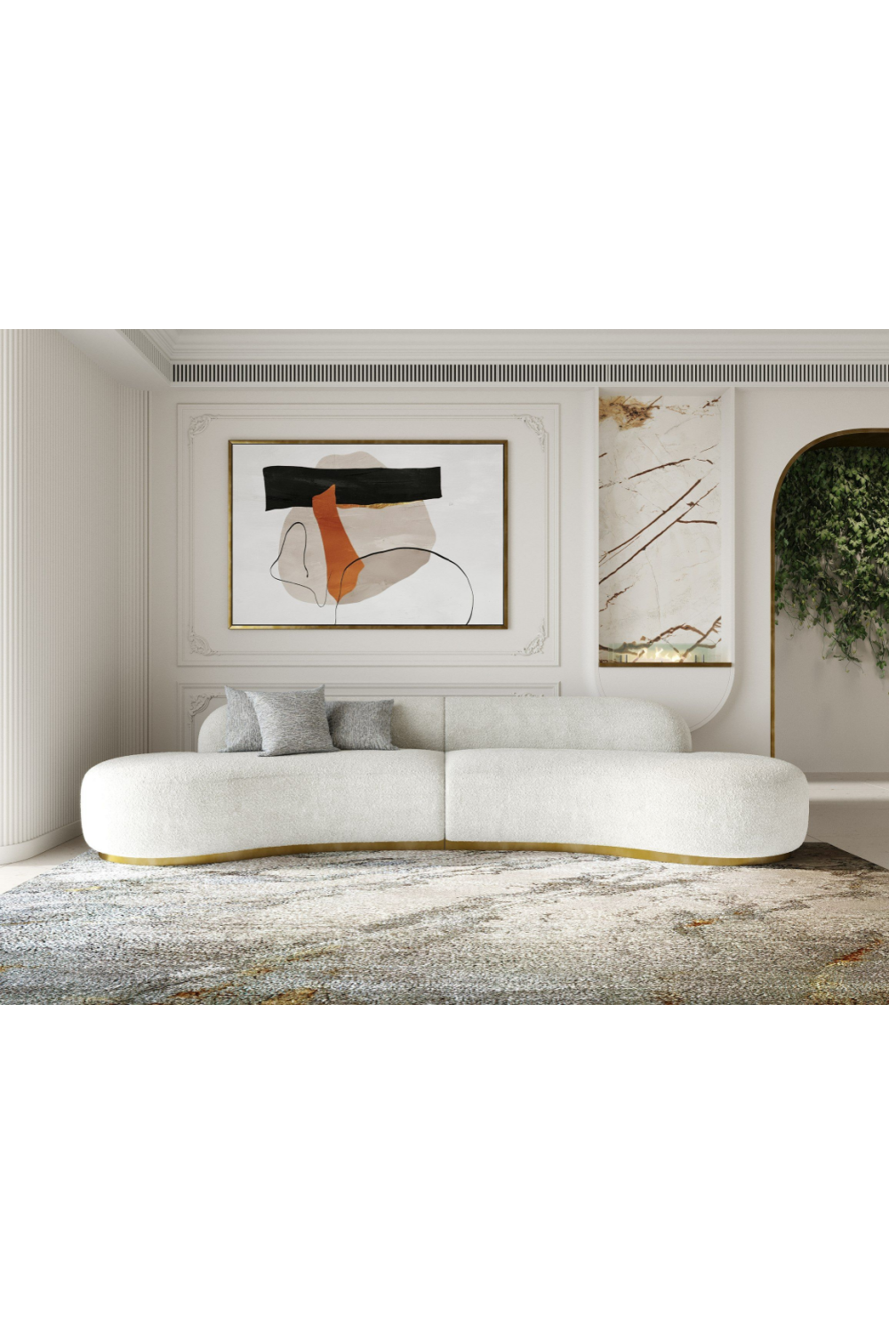 White Curved Sofa with Beige Pillows | OROA Modern Frontier | Oroa.com