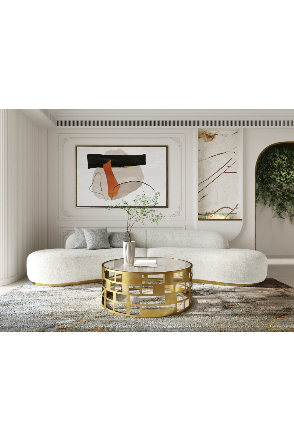 White Curved Sofa with Beige Pillows | OROA Modern Frontier | Oroa.com