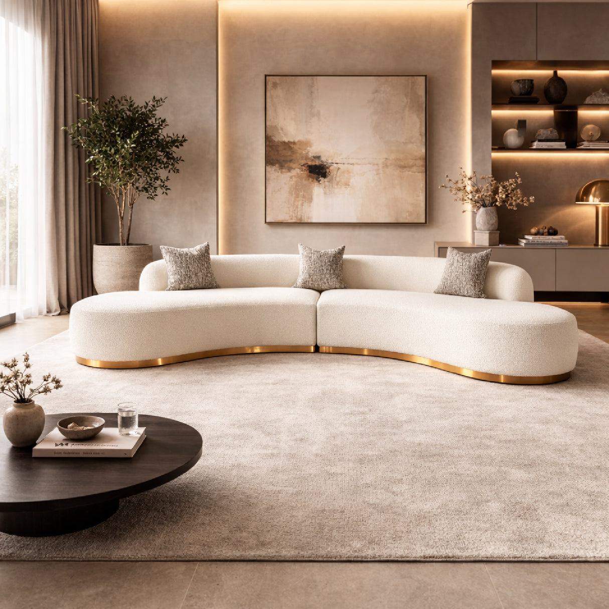   White Curved Sofa with Beige Pillows | Oroa.com